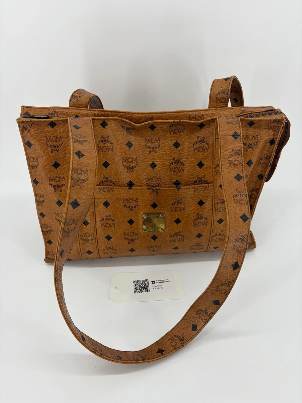 Rare Vintage MCM Visetos Cognac Logo Tote Shoulder Bag Authentic